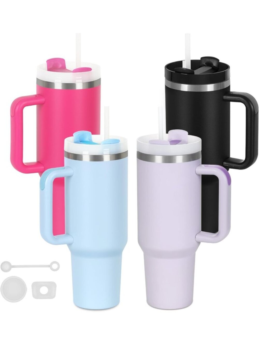 40 Oz Insulated Tumblers with Handle - Double Wall, Lid & Straw, 4 Pack Set